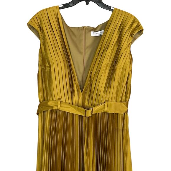 Mac Duggal NWT Size 14 Chartreuse Pleated Cap Sleeve Belted A Line Dress 26483 - Picture 6 of 8